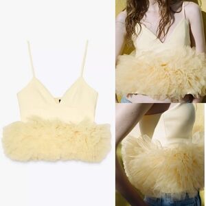 💛☃️🆕️Zara XS Yellow Stretch Tulle Ruffle Hem Crop Top 4772/005